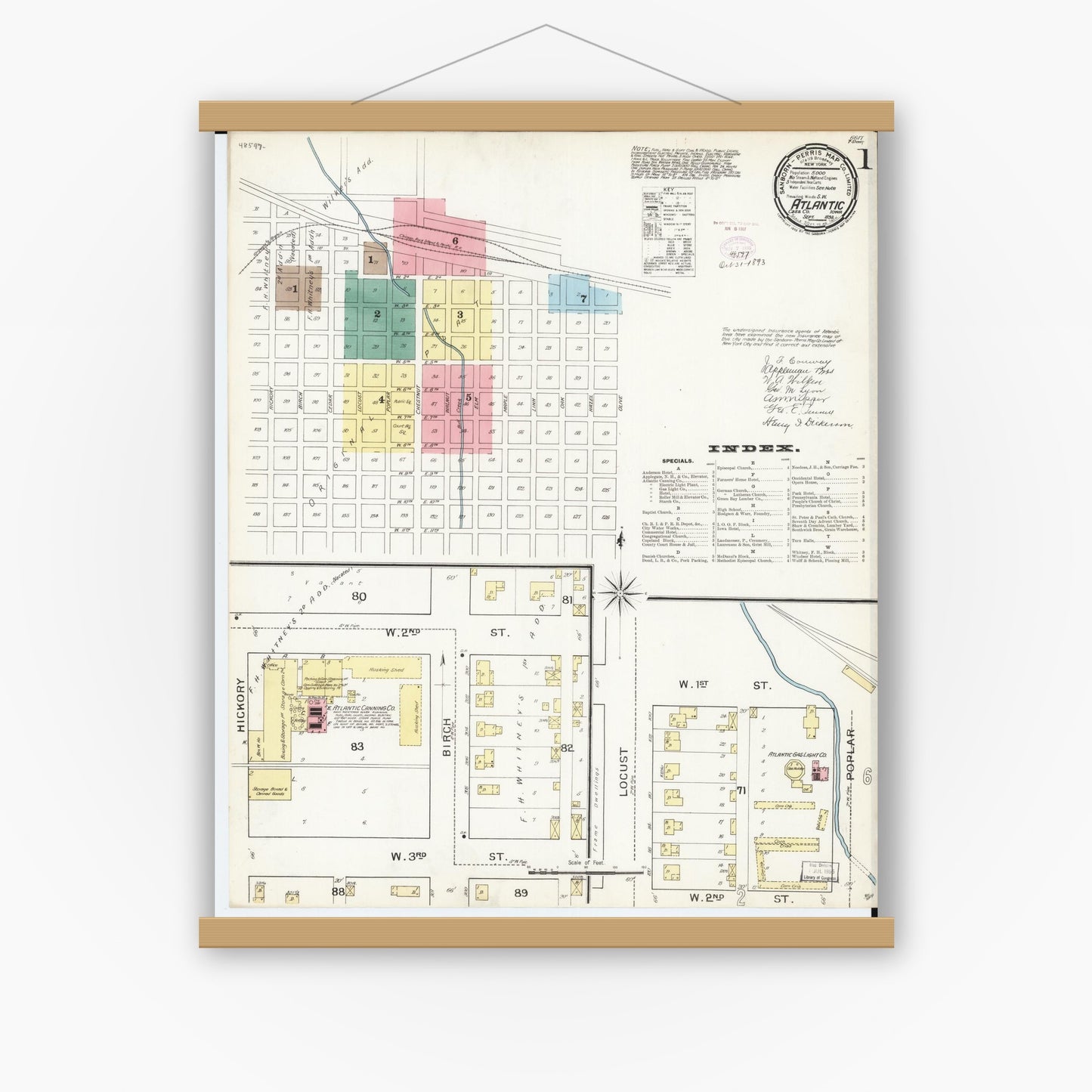 Old map wall art mockup — magnetic wood frame on white wall — Sanborn Fire Insurance Map from Atlantic, Cass County, Iowa (1893), Sheet #0001