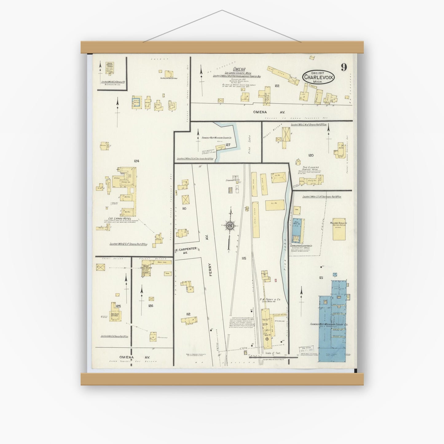 Old map wall art mockup — magnetic wood frame on white wall — Sanborn Fire Insurance Map from Charlevoix, Charlevoix County, Michigan (1917), Sheet #0009