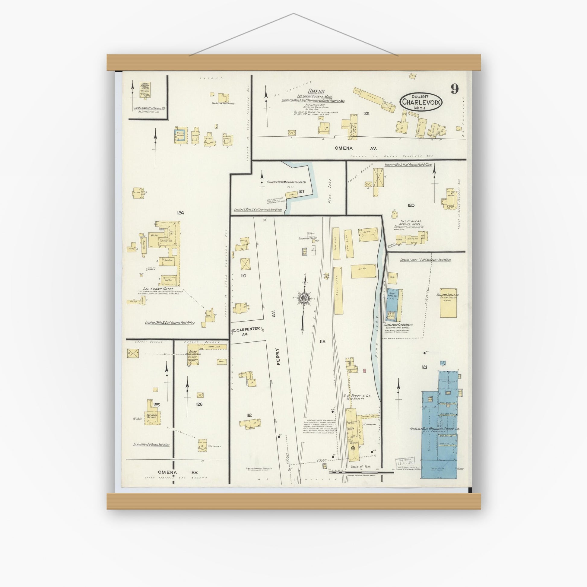 Old map wall art mockup — magnetic wood frame on white wall — Sanborn Fire Insurance Map from Charlevoix, Charlevoix County, Michigan (1917), Sheet #0009