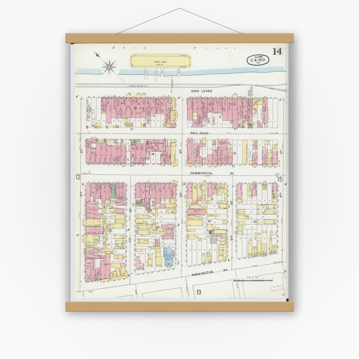 Old map wall art mockup — magnetic wood frame on white wall — Sanborn Fire Insurance Map from Cairo, Alexander County, Illinois (1896), Sheet #0014