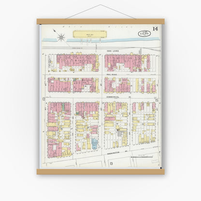 Old map wall art mockup — magnetic wood frame on white wall — Sanborn Fire Insurance Map from Cairo, Alexander County, Illinois (1896), Sheet #0014