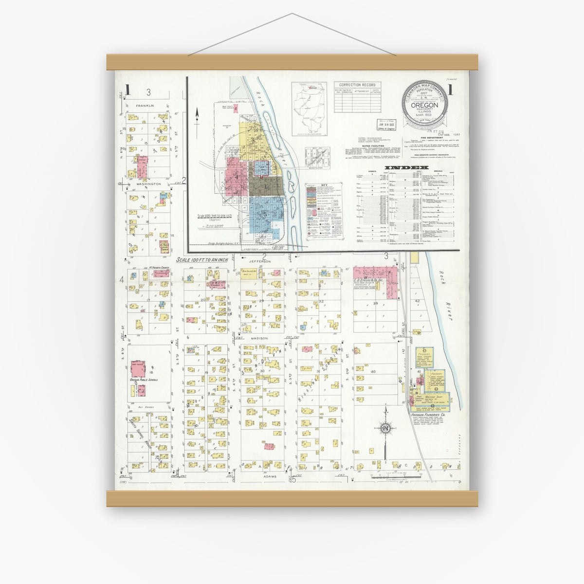 Old map wall art mockup — magnetic wood frame on white wall — Sanborn Fire Insurance Map from Oregon, Ogle County, Illinois (1933) - Complete Map Set