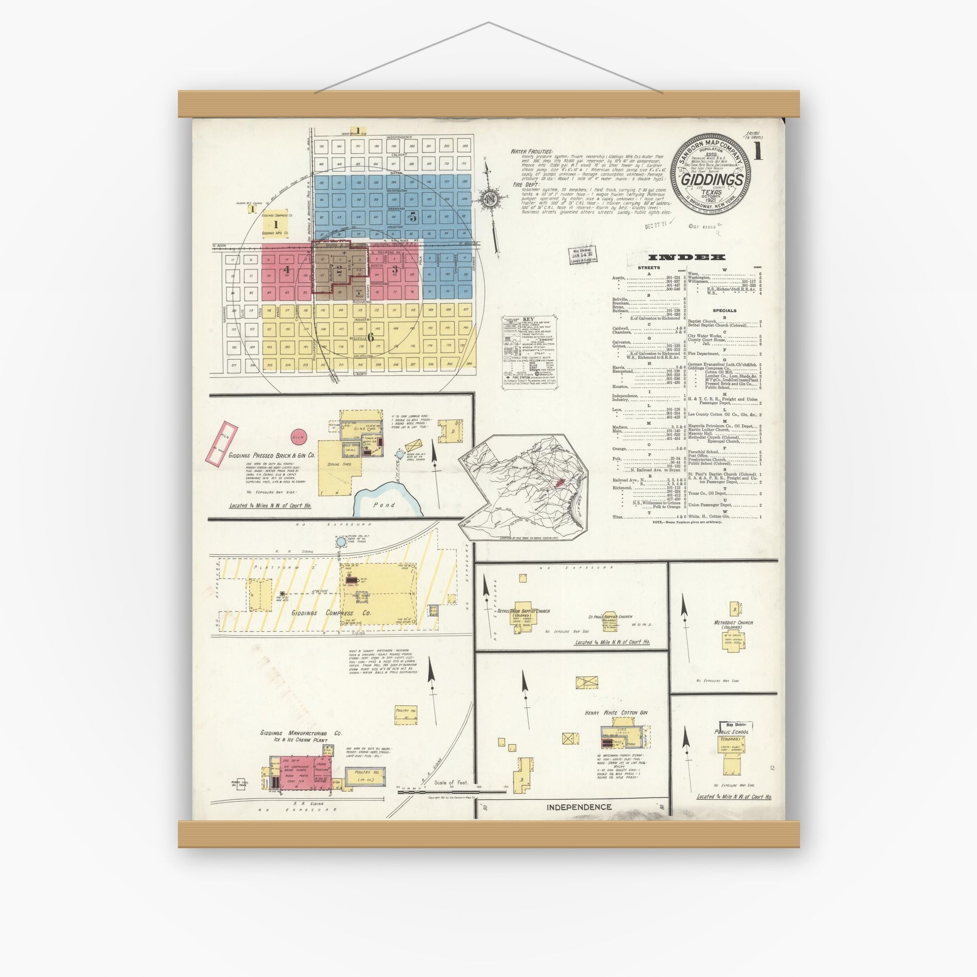 Old map wall art mockup — magnetic wood frame on white wall — Sanborn Fire Insurance Map from Giddings, Lee County, Texas (1921) - Complete Map Set