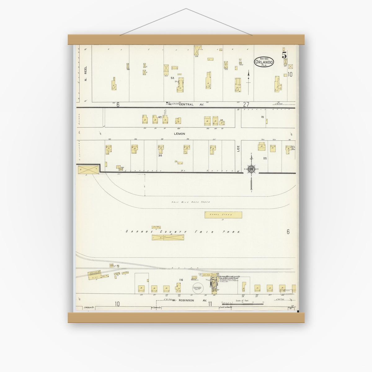 Old map wall art mockup — magnetic wood frame on white wall — Sanborn Fire Insurance Map from Orlando, Orange County, Florida (1913), Sheet #0005