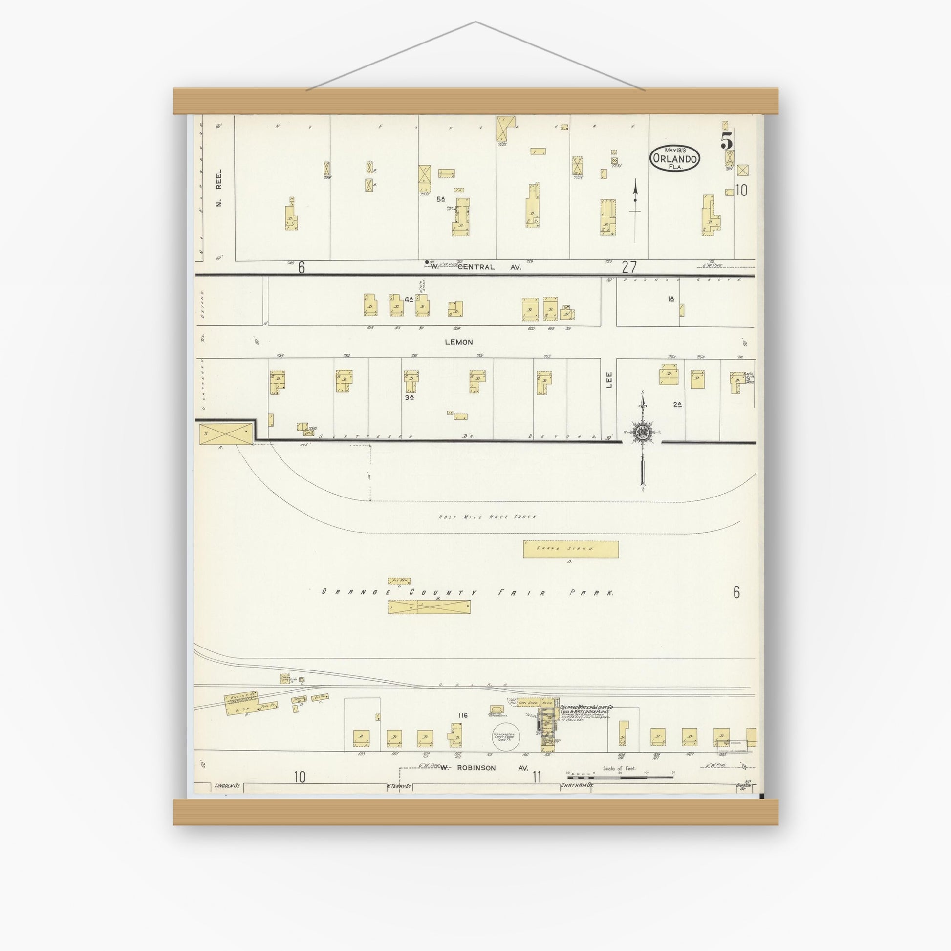 Old map wall art mockup — magnetic wood frame on white wall — Sanborn Fire Insurance Map from Orlando, Orange County, Florida (1913), Sheet #0005