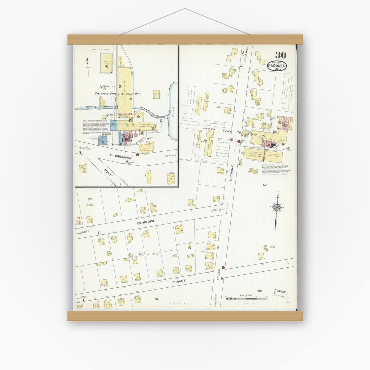 Old map wall art mockup — magnetic wood frame on white wall — Sanborn Fire Insurance Map from Gardner, Worcester County, Massachusetts (1914), Sheet #0030
