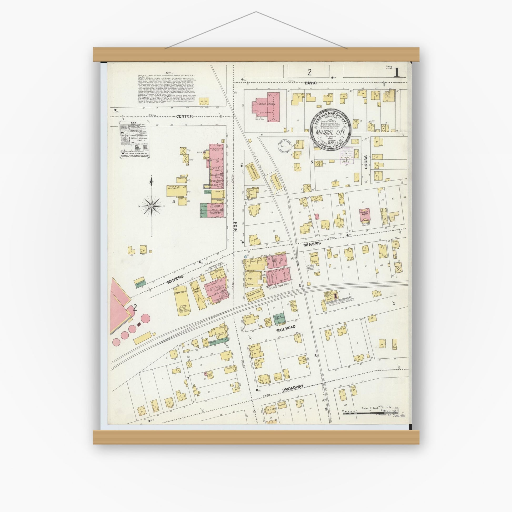 Old map wall art mockup — magnetic wood frame on white wall — Sanborn Fire Insurance Map from Mineral City, Tuscarawas County, Ohio (1902), Sheet #0001
