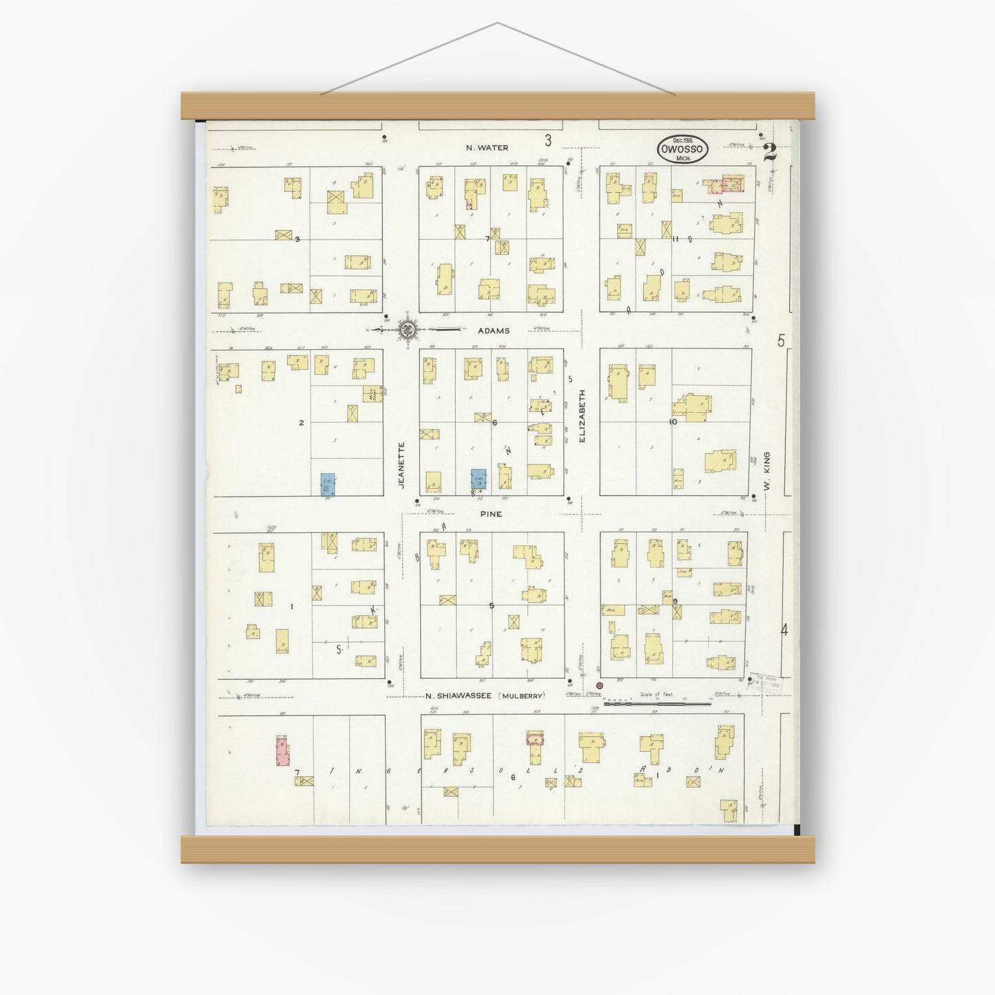 Old map wall art mockup — magnetic wood frame on white wall — Sanborn Fire Insurance Map from Owosso, Shiawassee County, Michigan (1915), Sheet #0002