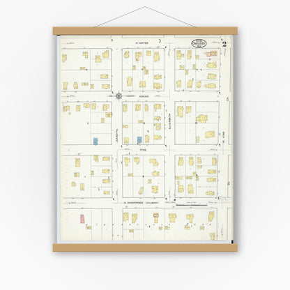 Old map wall art mockup — magnetic wood frame on white wall — Sanborn Fire Insurance Map from Owosso, Shiawassee County, Michigan (1915), Sheet #0002