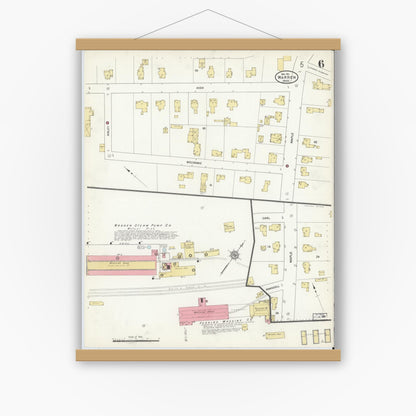 Old map wall art mockup — magnetic wood frame on white wall — Sanborn Fire Insurance Map from Warren, Worcester County, Massachusetts (1911), Sheet #0006