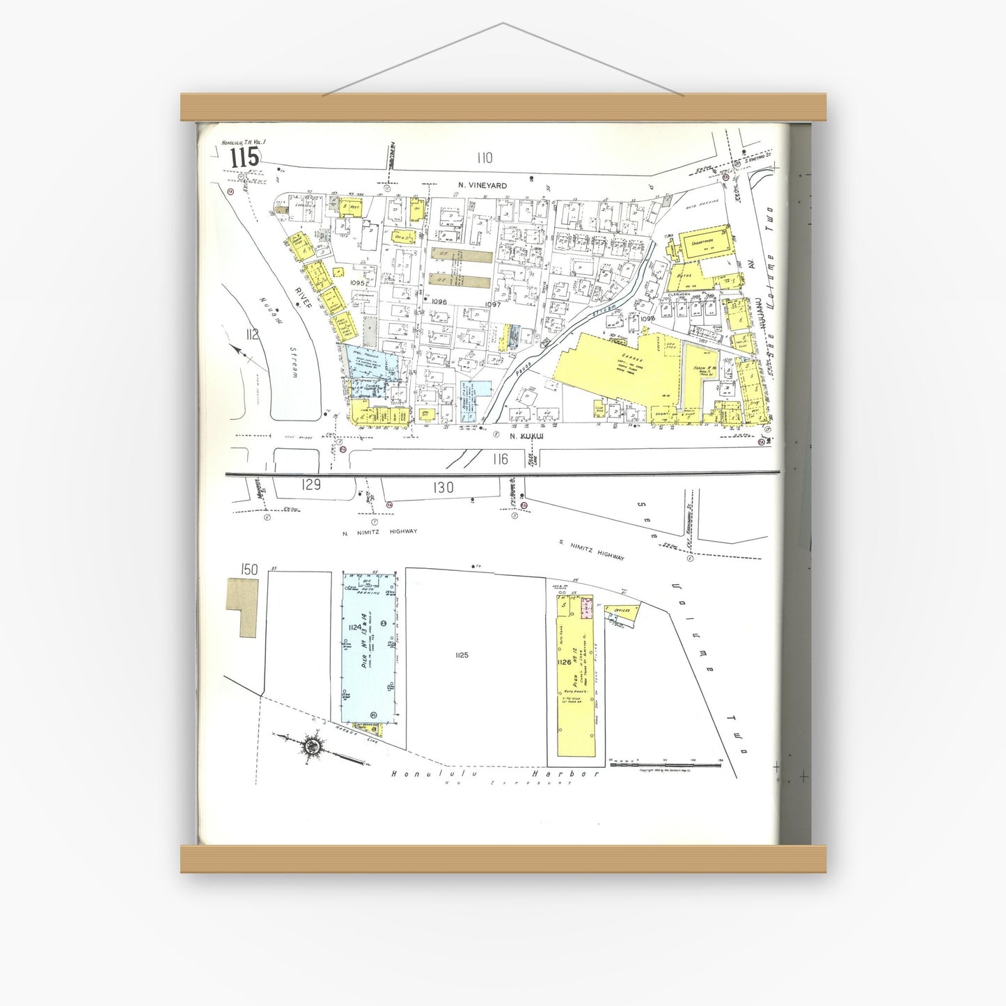 Old map wall art mockup — magnetic wood frame on white wall — Sanborn Fire Insurance Map from Honolulu, Oahu County, Hawaii (1955), Sheet #0115