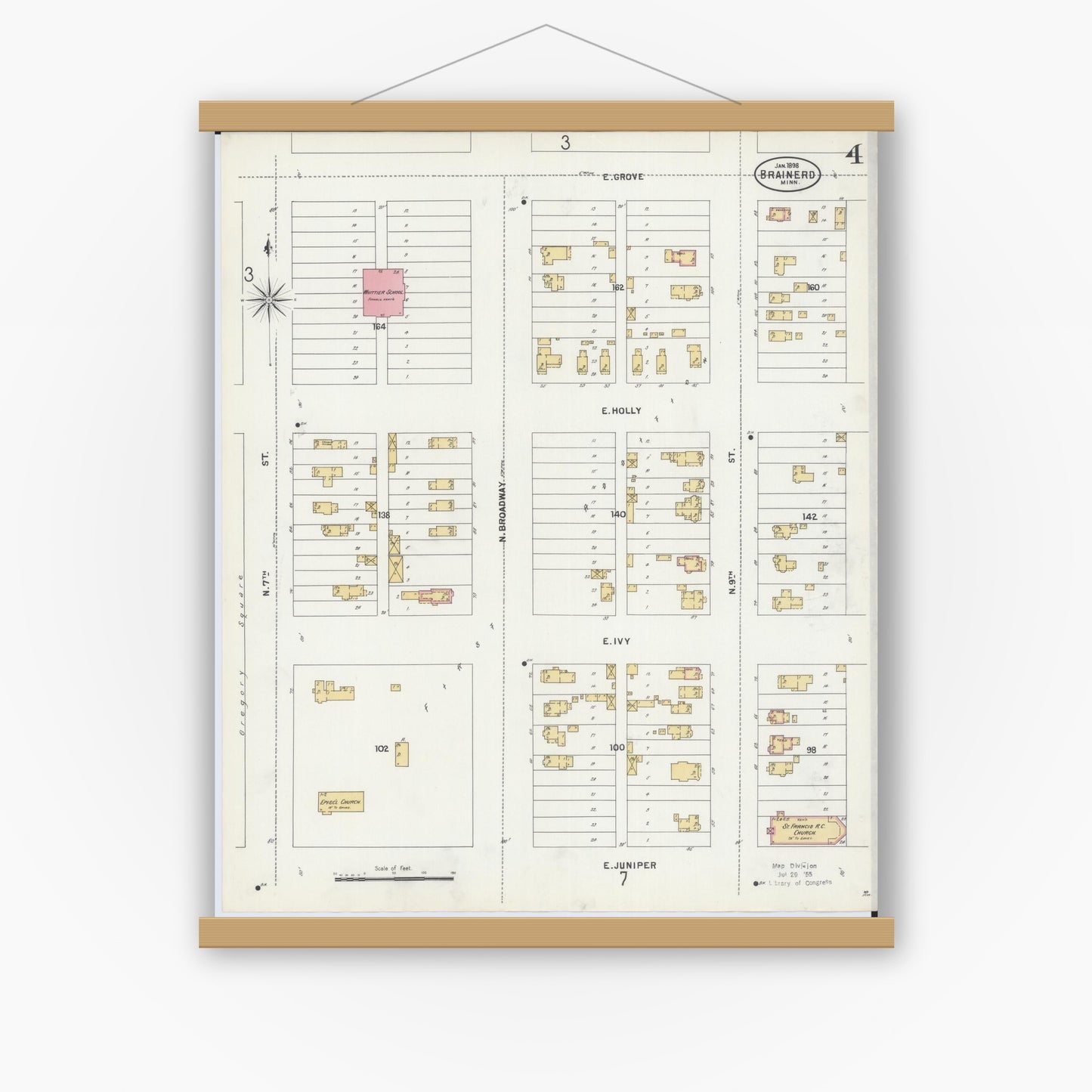 Old map wall art mockup — magnetic wood frame on white wall — Sanborn Fire Insurance Map from Brainerd, Crow Wing County, Minnesota (1898), Sheet #0004
