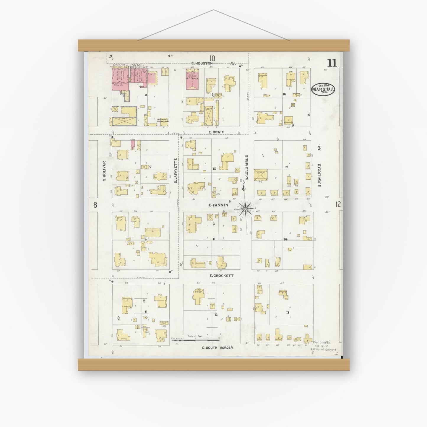 Old map wall art mockup — magnetic wood frame on white wall — Sanborn Fire Insurance Map from Marshall, Harrison County, Texas (1904), Sheet #0011