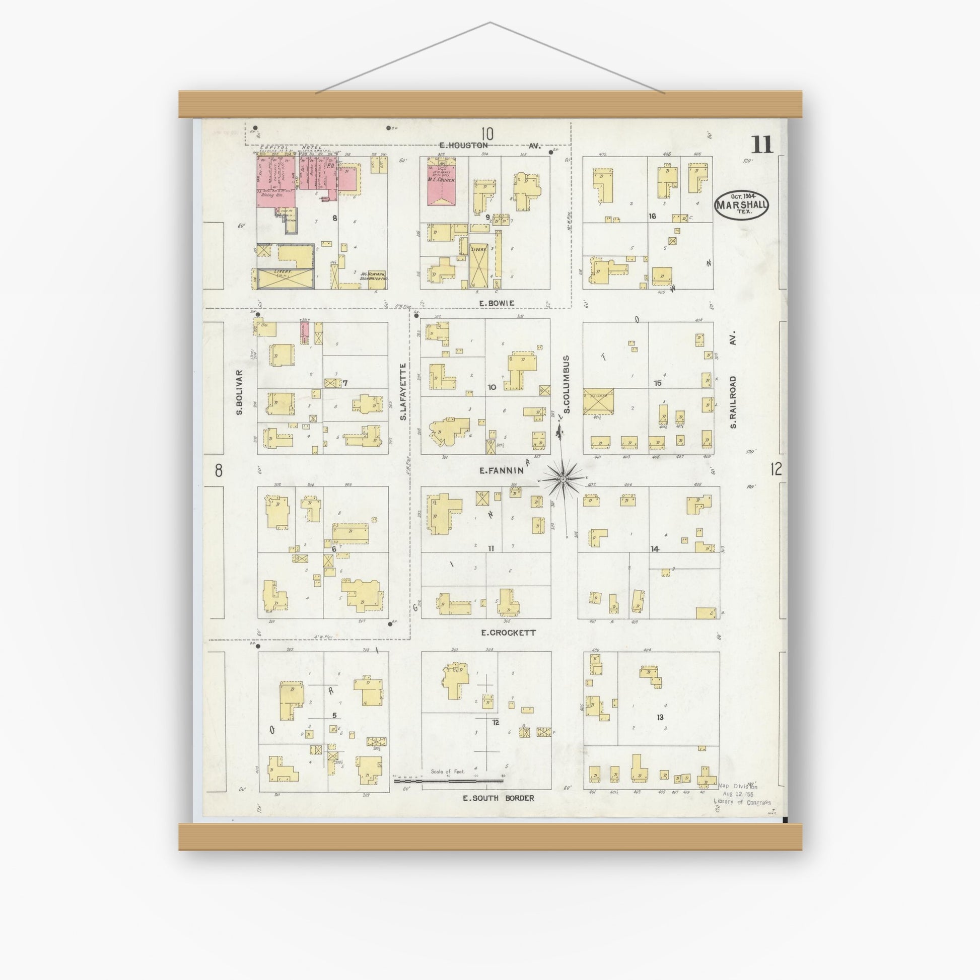 Old map wall art mockup — magnetic wood frame on white wall — Sanborn Fire Insurance Map from Marshall, Harrison County, Texas (1904), Sheet #0011