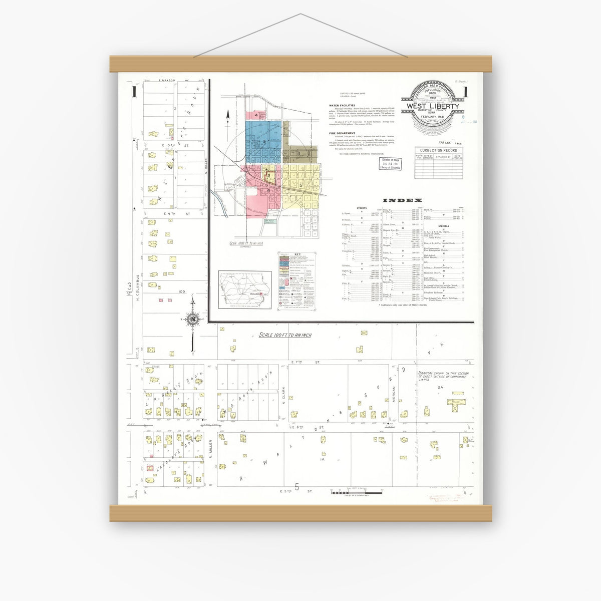 Old map wall art mockup — magnetic wood frame on white wall — Sanborn Fire Insurance Map from West Liberty, Muscatine County, Iowa (1941), Sheet #0001