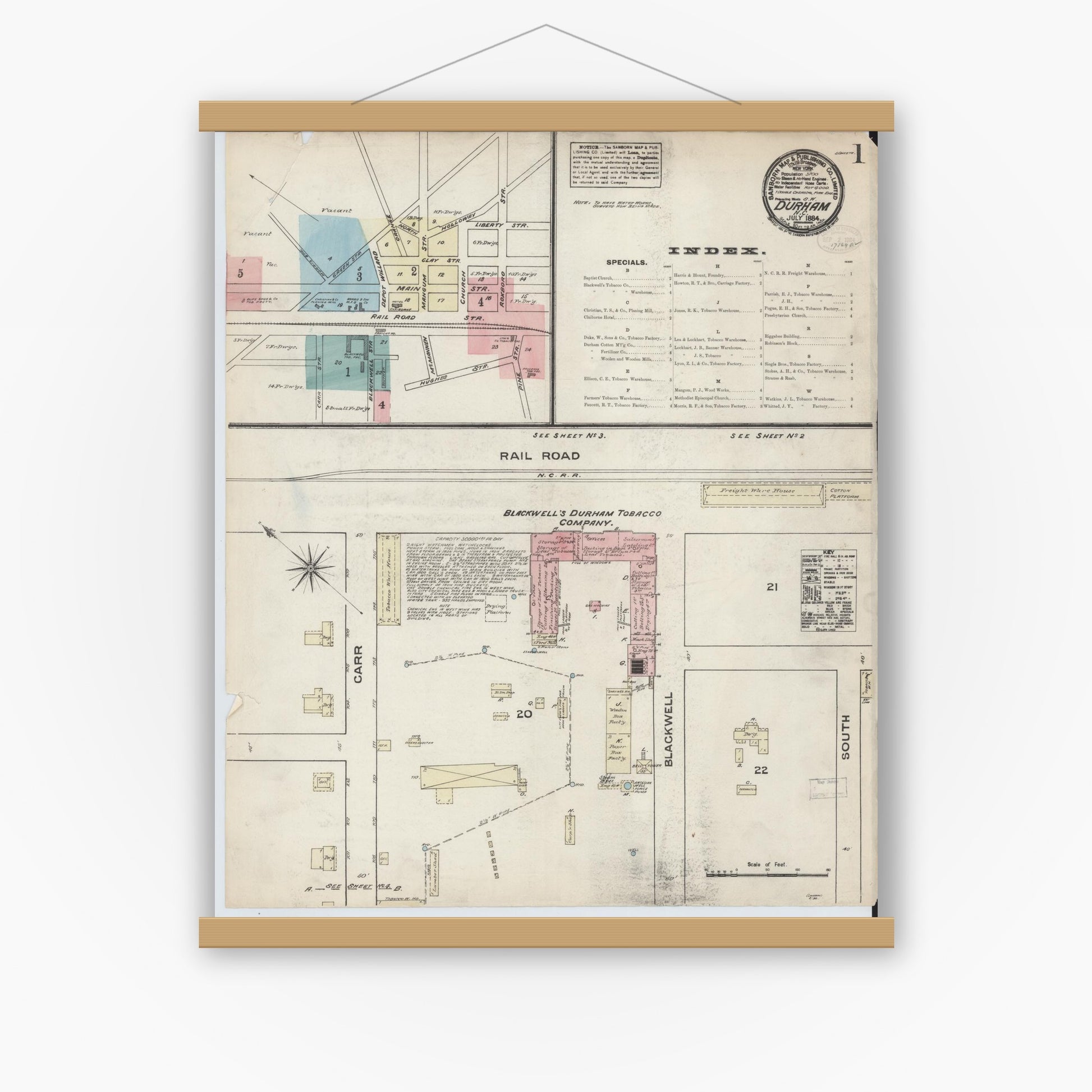Old map wall art mockup — magnetic wood frame on white wall — Sanborn Fire Insurance Map from Durham, Durham County, North Carolina (1884) - Complete Map Set
