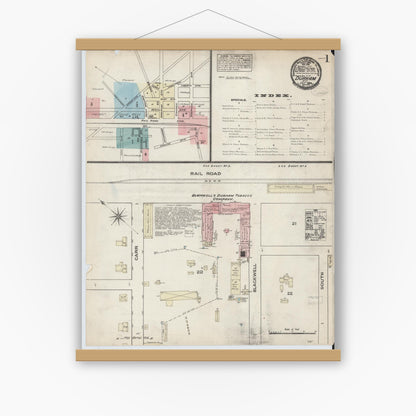 Old map wall art mockup — magnetic wood frame on white wall — Sanborn Fire Insurance Map from Durham, Durham County, North Carolina (1884) - Complete Map Set