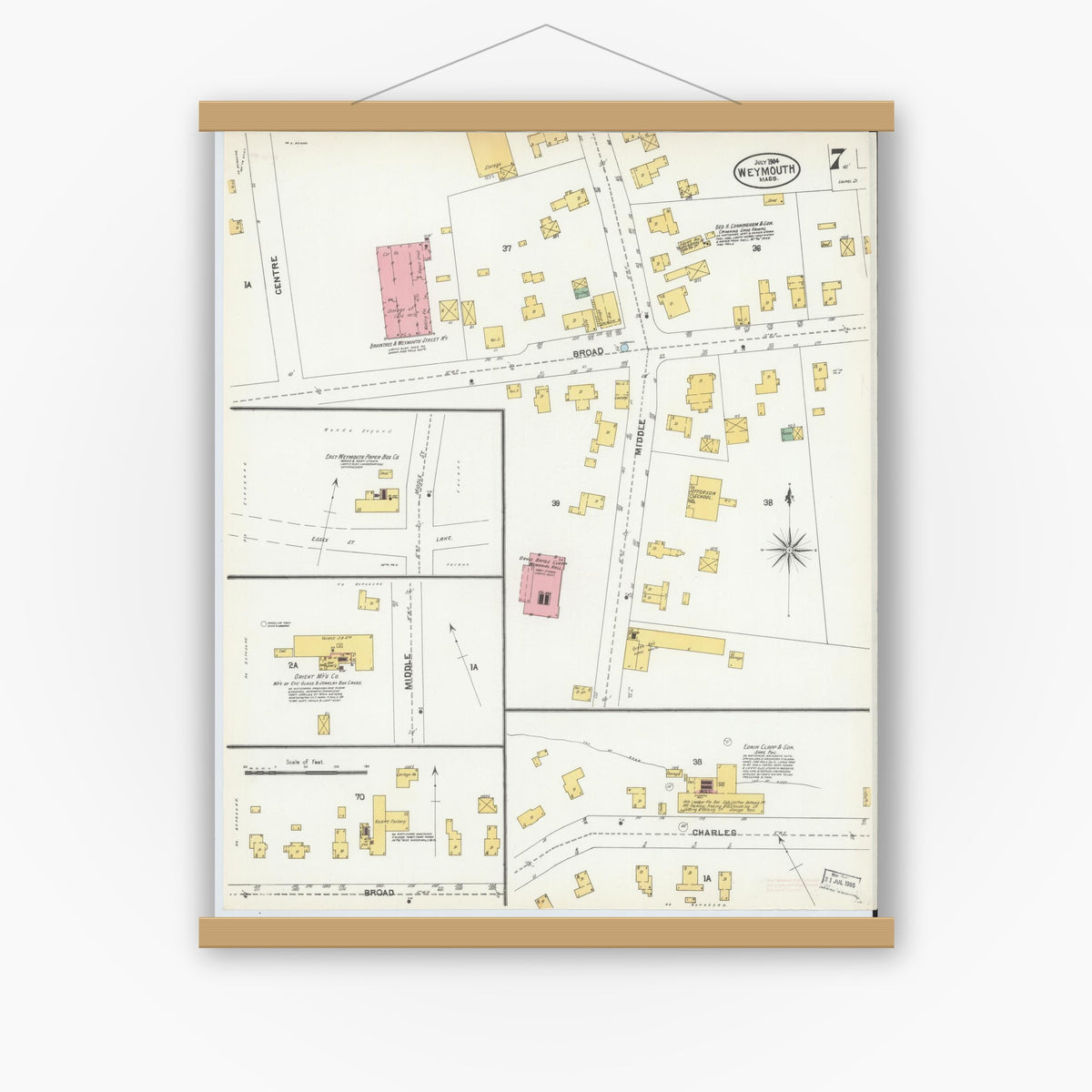 Old map wall art mockup — magnetic wood frame on white wall — Sanborn Fire Insurance Map from Weymouth, Norfolk County, Massachusetts (1904), Sheet #0007