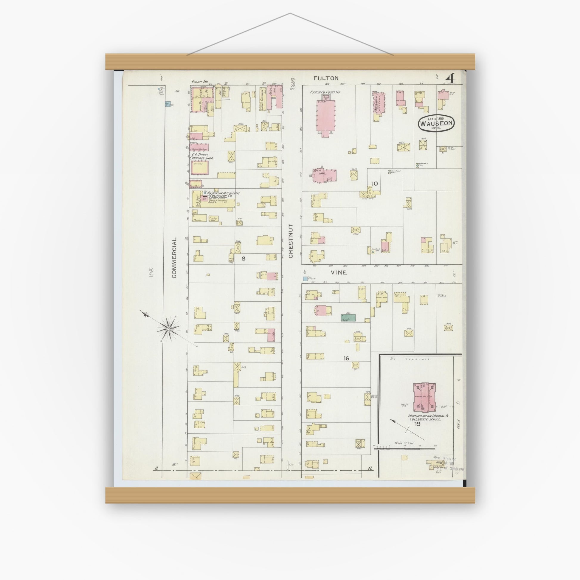 Old map wall art mockup — magnetic wood frame on white wall — Sanborn Fire Insurance Map from Wauseon, Fulton County, Ohio (1893), Sheet #0004