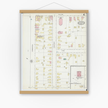 Old map wall art mockup — magnetic wood frame on white wall — Sanborn Fire Insurance Map from Wauseon, Fulton County, Ohio (1893), Sheet #0004