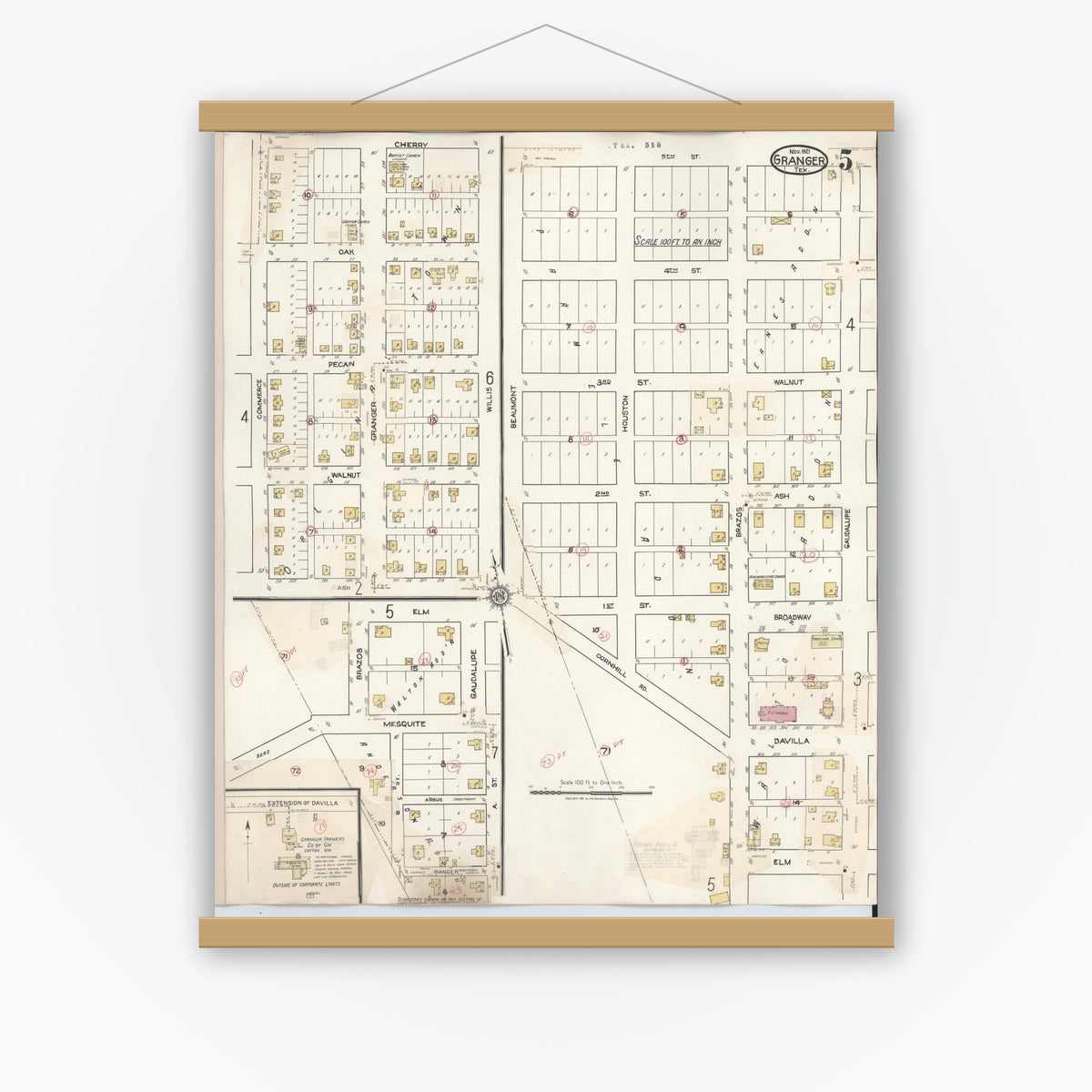 Old map wall art mockup — magnetic wood frame on white wall — Sanborn Fire Insurance Map from Granger, Williamson County, Texas (1940), Sheet #0005