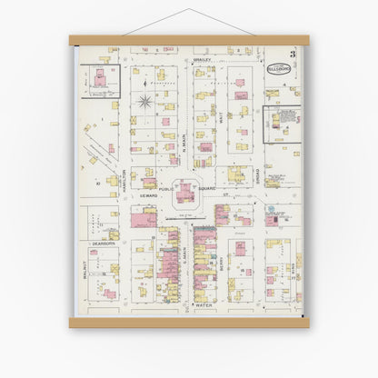 Old map wall art mockup — magnetic wood frame on white wall — Sanborn Fire Insurance Map from Hillsboro, Montgomery County, Illinois (1893), Sheet #0003