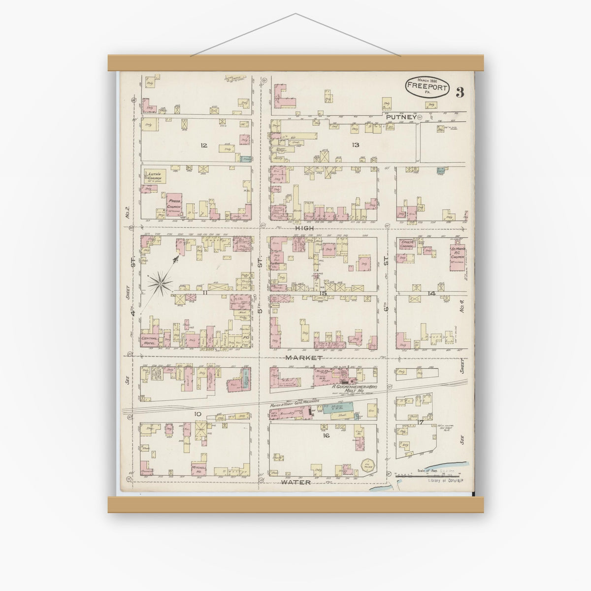Old map wall art mockup — magnetic wood frame on white wall — Sanborn Fire Insurance Map from Freeport, Armstrong County, Pennsylvania (1886), Sheet #0003