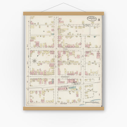 Old map wall art mockup — magnetic wood frame on white wall — Sanborn Fire Insurance Map from Freeport, Armstrong County, Pennsylvania (1886), Sheet #0003