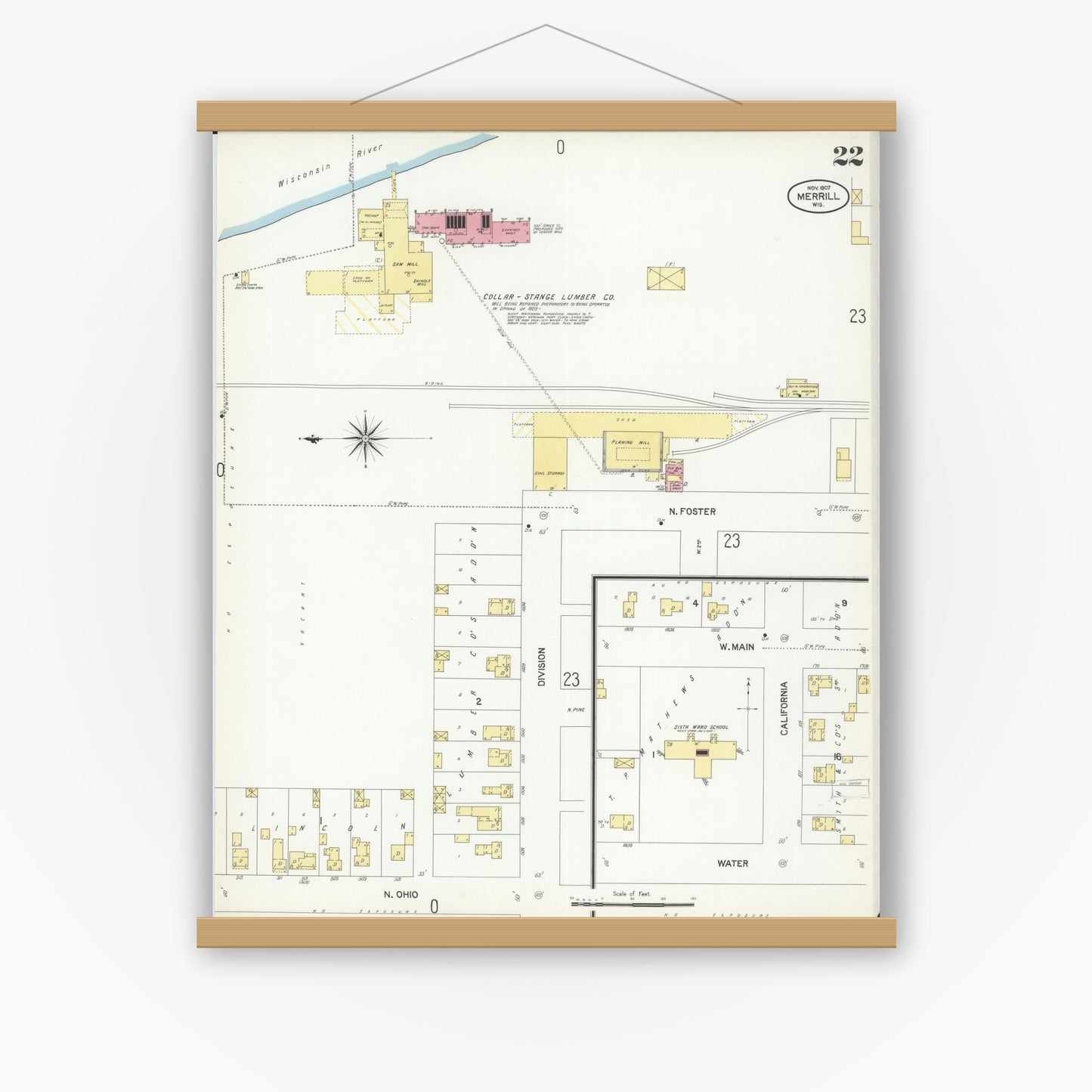 Old map wall art mockup — magnetic wood frame on white wall — Sanborn Fire Insurance Map from Merrill, Lincoln County, Wisconsin (1907), Sheet #0022