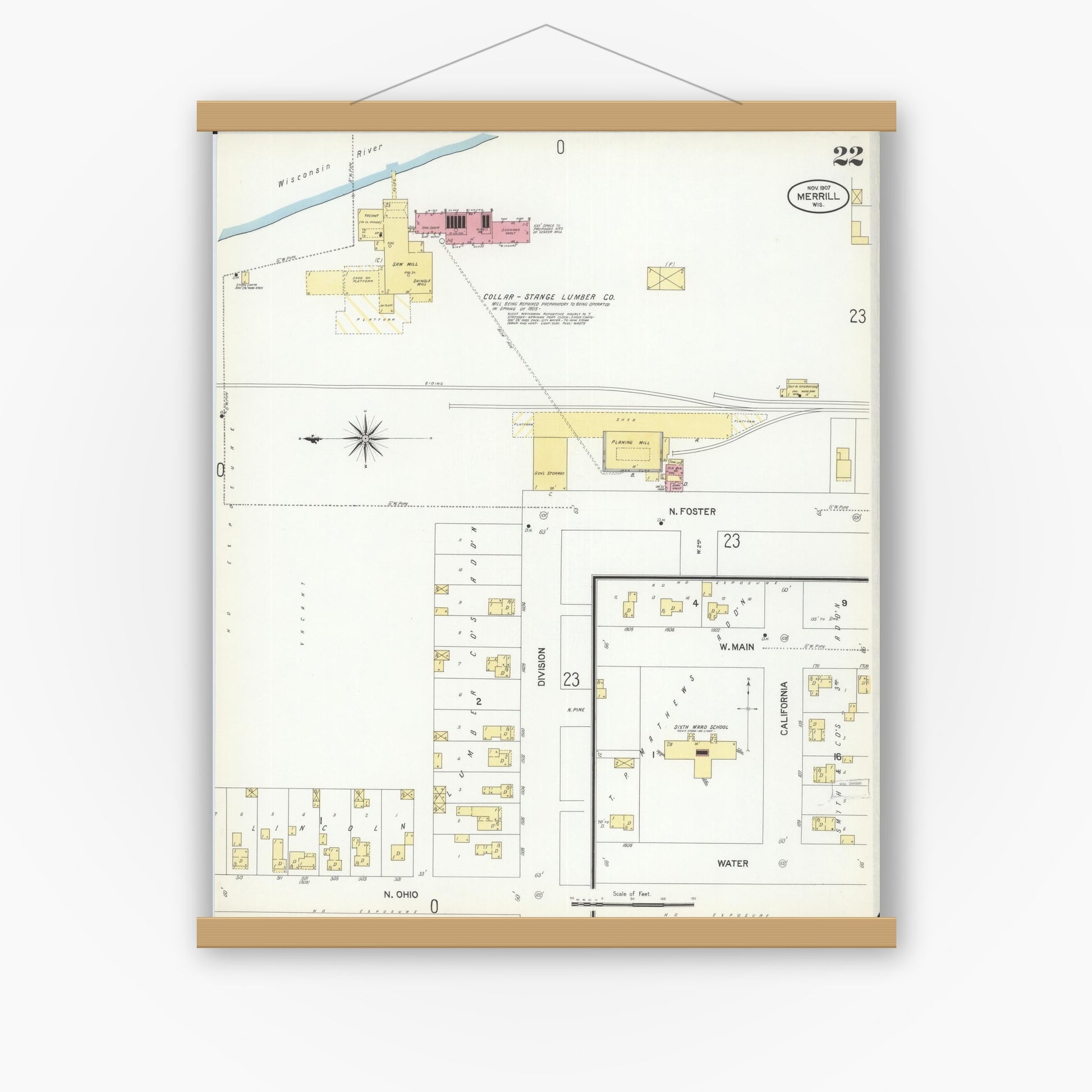Old map wall art mockup — magnetic wood frame on white wall — Sanborn Fire Insurance Map from Merrill, Lincoln County, Wisconsin (1907), Sheet #0022