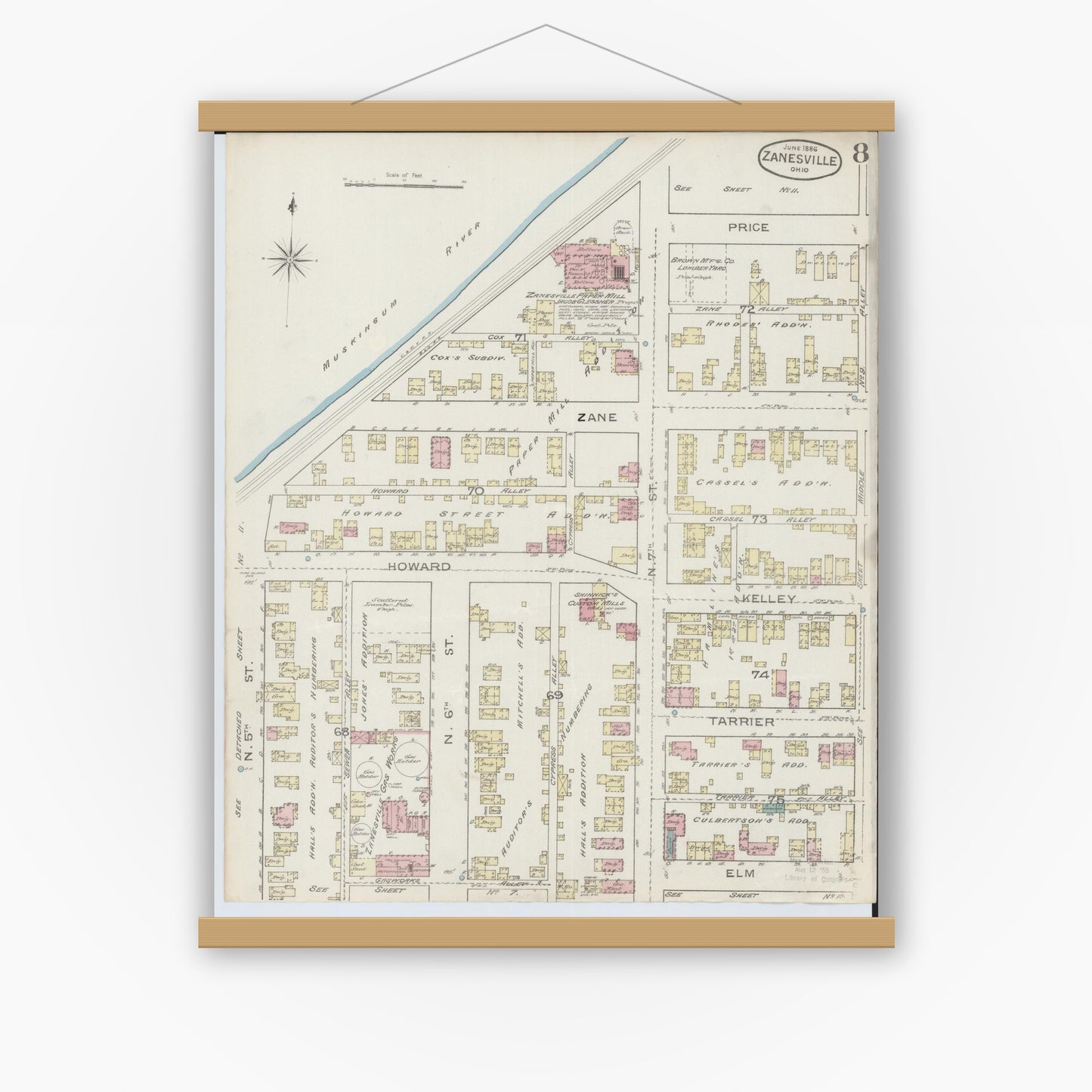 Old map wall art mockup — magnetic wood frame on white wall — Sanborn Fire Insurance Map from Zanesville, Muskingum County, Ohio (1886), Sheet #0008