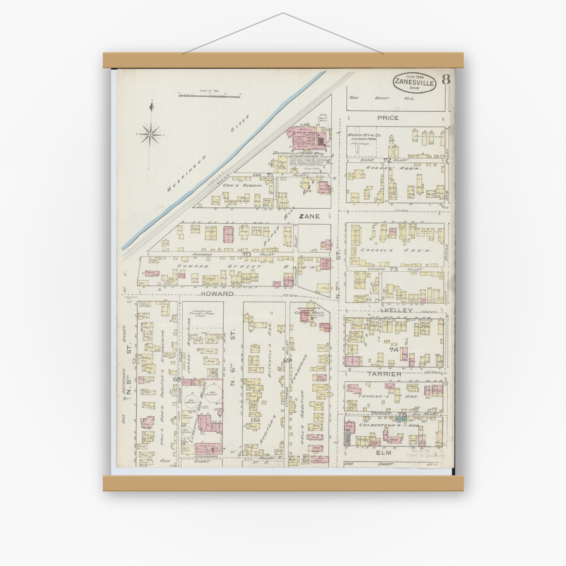 Old map wall art mockup — magnetic wood frame on white wall — Sanborn Fire Insurance Map from Zanesville, Muskingum County, Ohio (1886), Sheet #0008