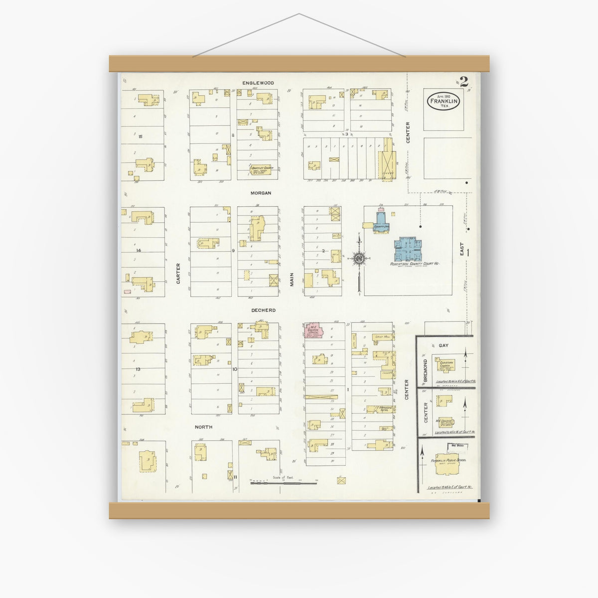 Old map wall art mockup — magnetic wood frame on white wall — Sanborn Fire Insurance Map from Franklin, Robertson County, Texas (1910), Sheet #0002