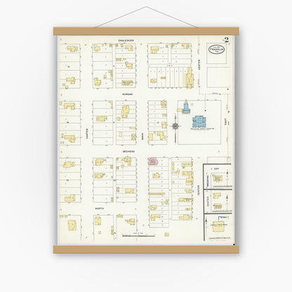 Old map wall art mockup — magnetic wood frame on white wall — Sanborn Fire Insurance Map from Franklin, Robertson County, Texas (1910), Sheet #0002
