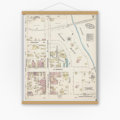 Old map wall art mockup — magnetic wood frame on white wall — Sanborn Fire Insurance Map from Saint Cloud, Stearns, Benton, and Sherburne Counties, Minnesota (1884), Sheet #0002