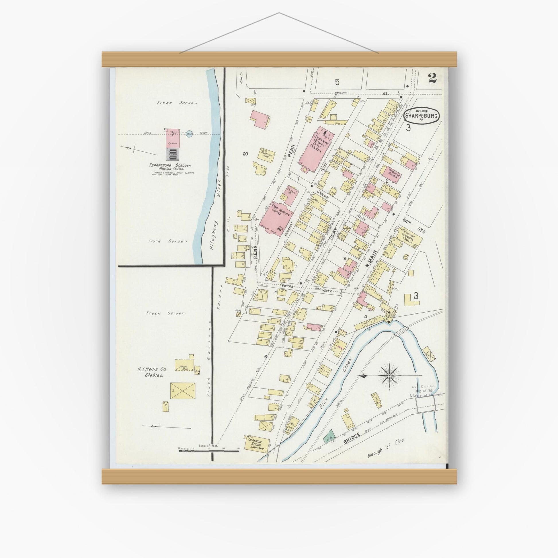 Old map wall art mockup — magnetic wood frame on white wall — Sanborn Fire Insurance Map from Sharpsburg, Allegheny County, Pennsylvania (1896), Sheet #0002