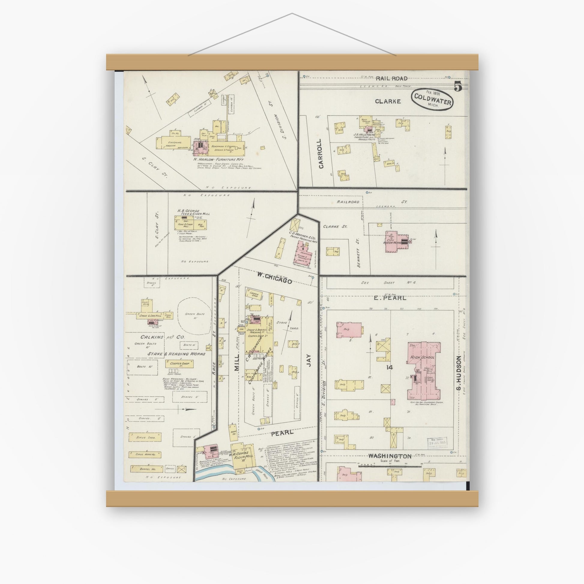 Old map wall art mockup — magnetic wood frame on white wall — Sanborn Fire Insurance Map from Coldwater, Branch County, Michigan (1891), Sheet #0005