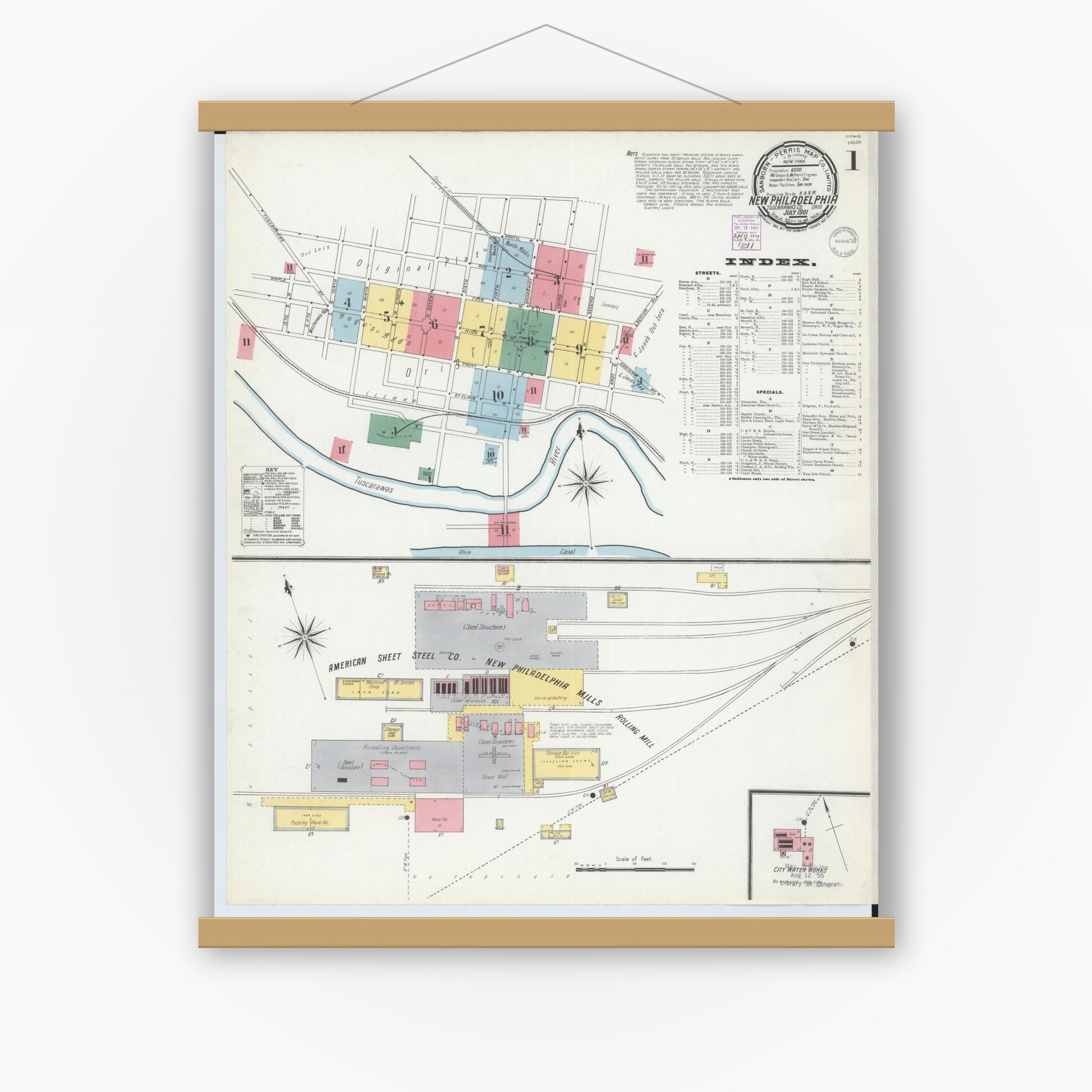 Old map wall art mockup — magnetic wood frame on white wall — Sanborn Fire Insurance Map from New Philadelphia, Tuscarawas County, Ohio (1901), Sheet #0001