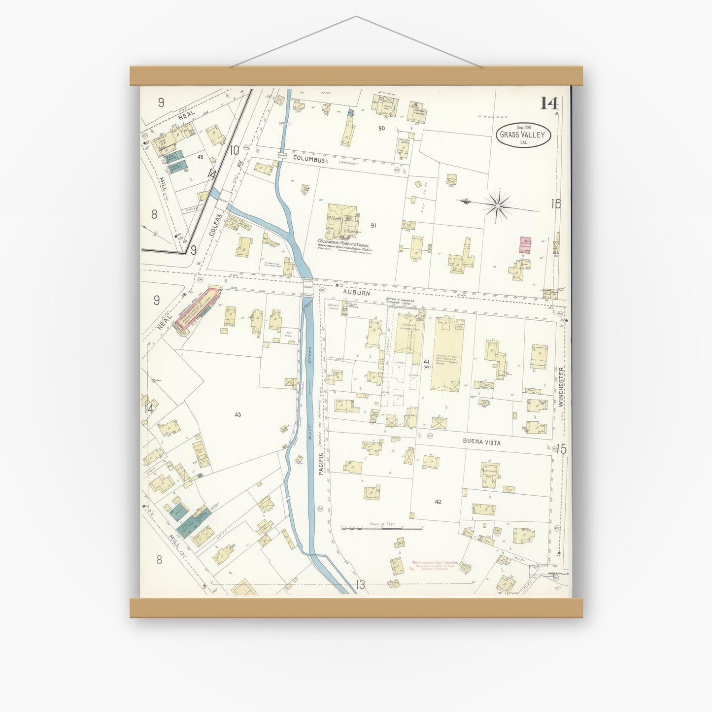 Old map wall art mockup — magnetic wood frame on white wall — Sanborn Fire Insurance Map from Grass Valley, Nevada County, California (1898), Sheet #0014