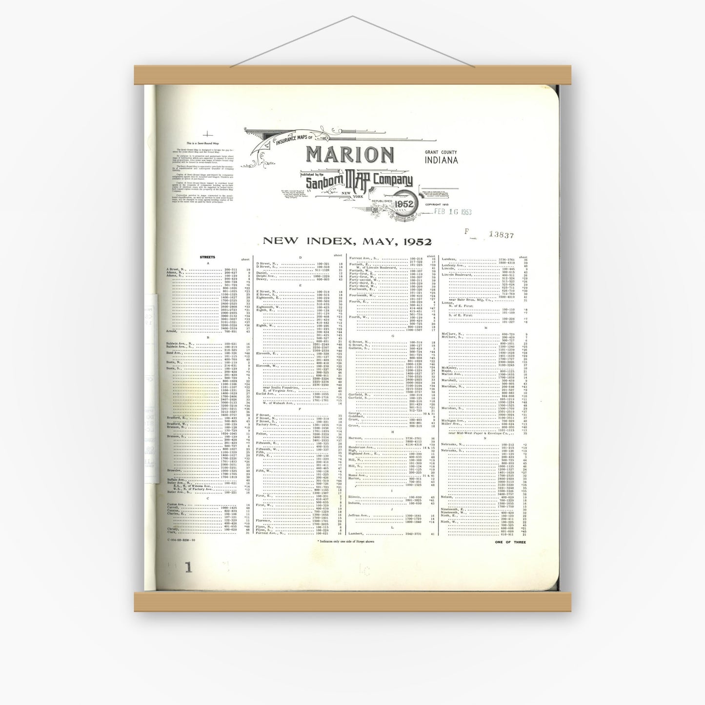 Old map wall art mockup — magnetic wood frame on white wall — Sanborn Fire Insurance Map from Marion, Grant County, Indiana (1952), Sheet #0001