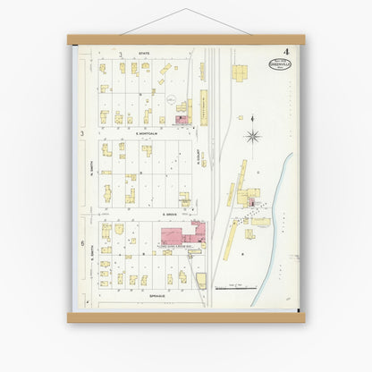 Old map wall art mockup — magnetic wood frame on white wall — Sanborn Fire Insurance Map from Greenville, Montcalm County, Michigan (1908), Sheet #0004