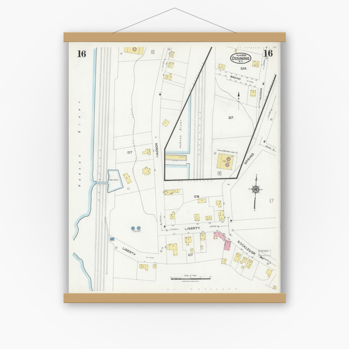 Old map wall art mockup — magnetic wood frame on white wall — Sanborn Fire Insurance Map from Ossining, Westchester County, New York (1924), Sheet #0016