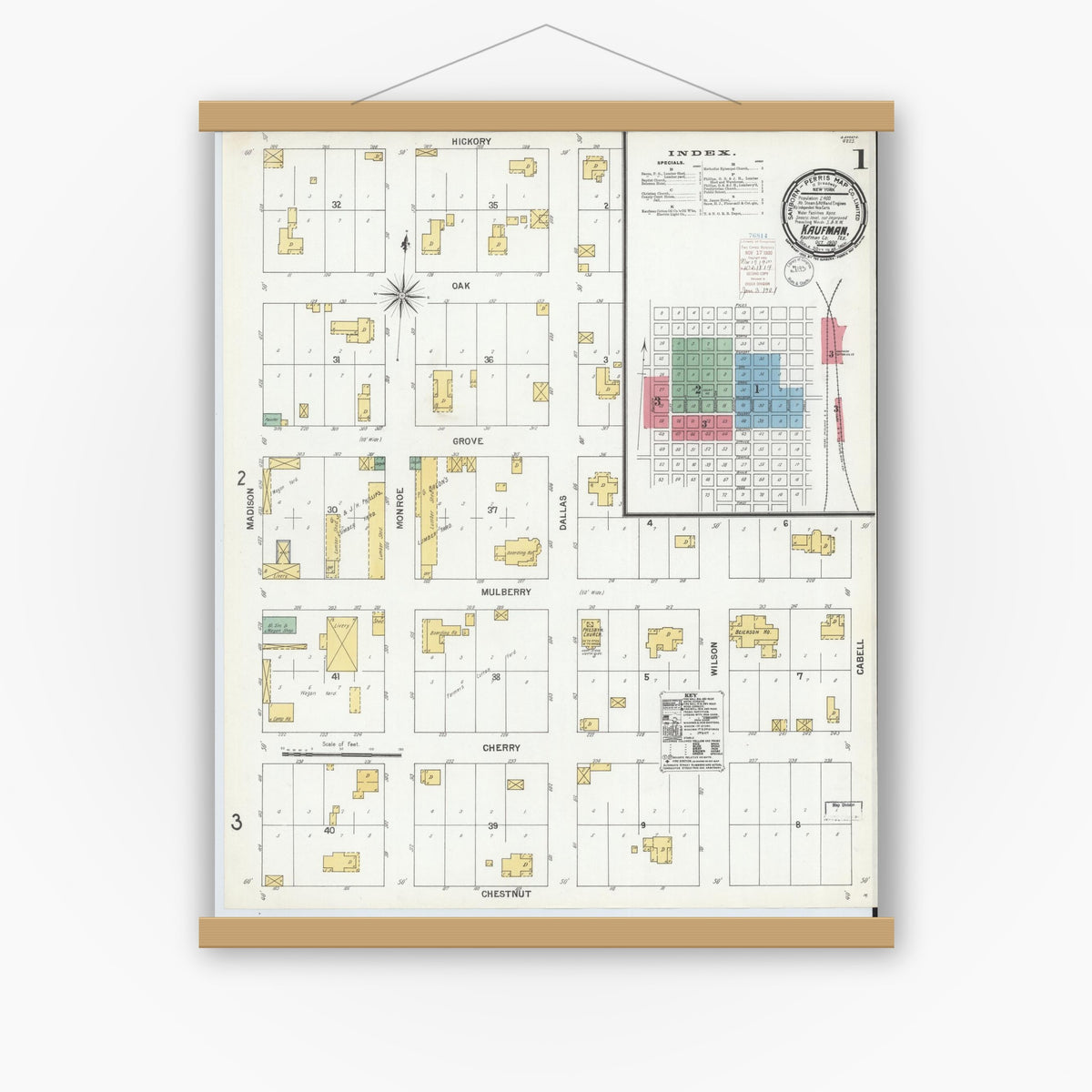 Old map wall art mockup — magnetic wood frame on white wall — Sanborn Fire Insurance Map from Kaufman, Kaufman County, Texas (1900) - Complete Map Set