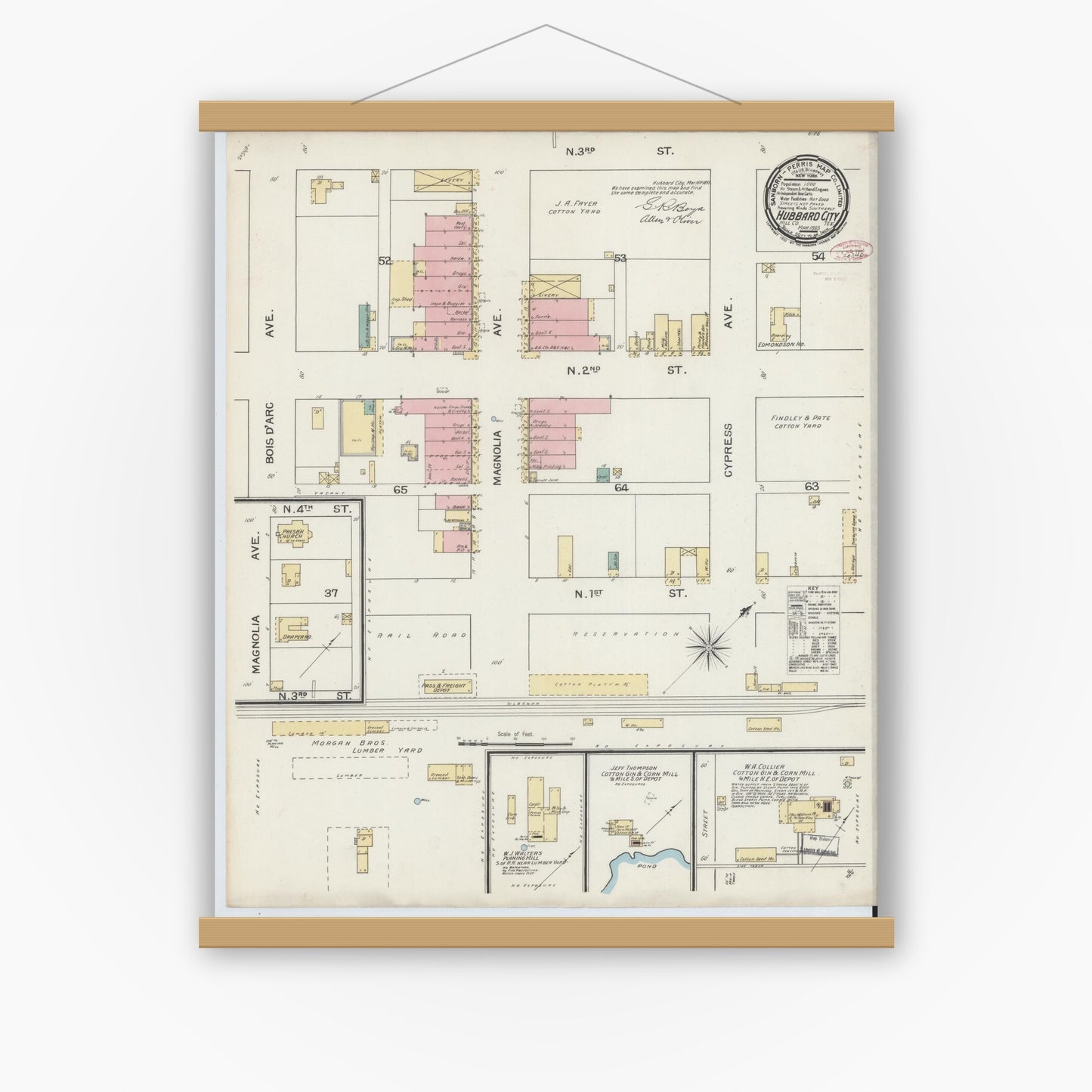 Old map wall art mockup — magnetic wood frame on white wall — Sanborn Fire Insurance Map from Hubbard, Hill County, Texas (1893), Sheet #0001