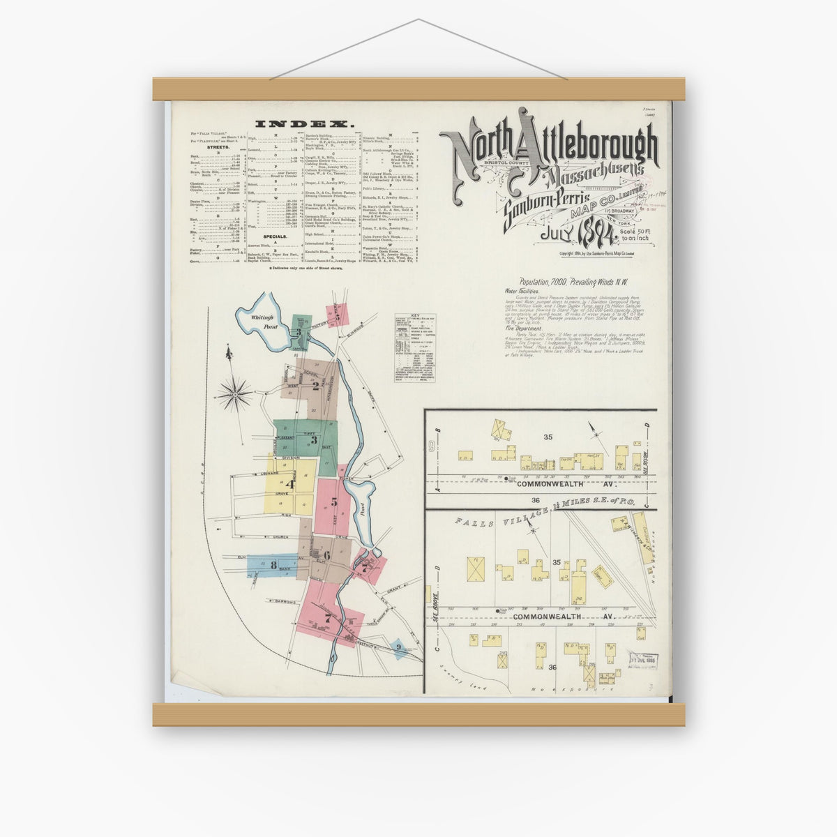 Old map wall art mockup — magnetic wood frame on white wall — Sanborn Fire Insurance Map from North Attleborough, Bristol County, Massachusetts (1894) - Complete Map Set
