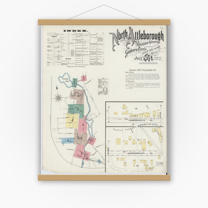 Old map wall art mockup — magnetic wood frame on white wall — Sanborn Fire Insurance Map from North Attleborough, Bristol County, Massachusetts (1894) - Complete Map Set