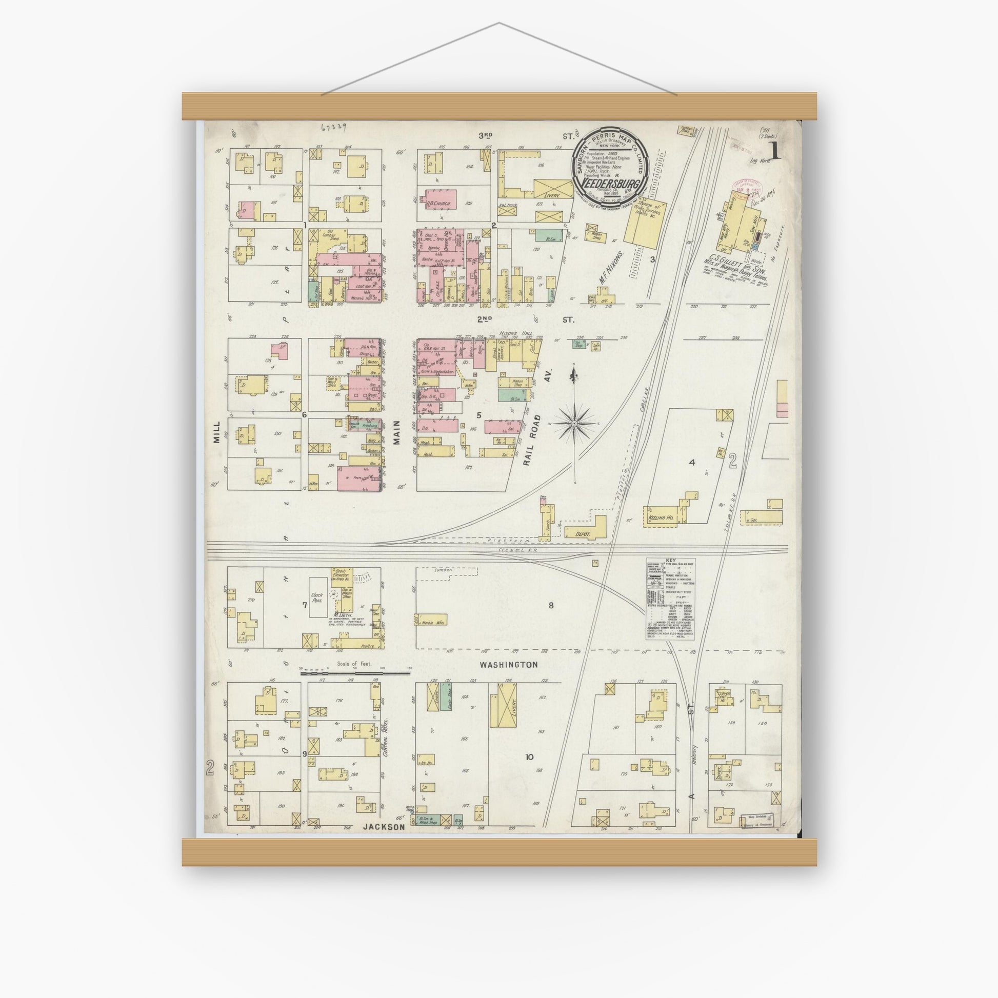 Old map wall art mockup — magnetic wood frame on white wall — Sanborn Fire Insurance Map from Veedersburg, Fountain County, Indiana (1895) - Complete Map Set