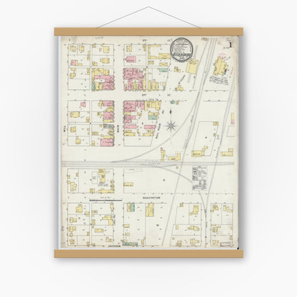 Old map wall art mockup — magnetic wood frame on white wall — Sanborn Fire Insurance Map from Veedersburg, Fountain County, Indiana (1895) - Complete Map Set