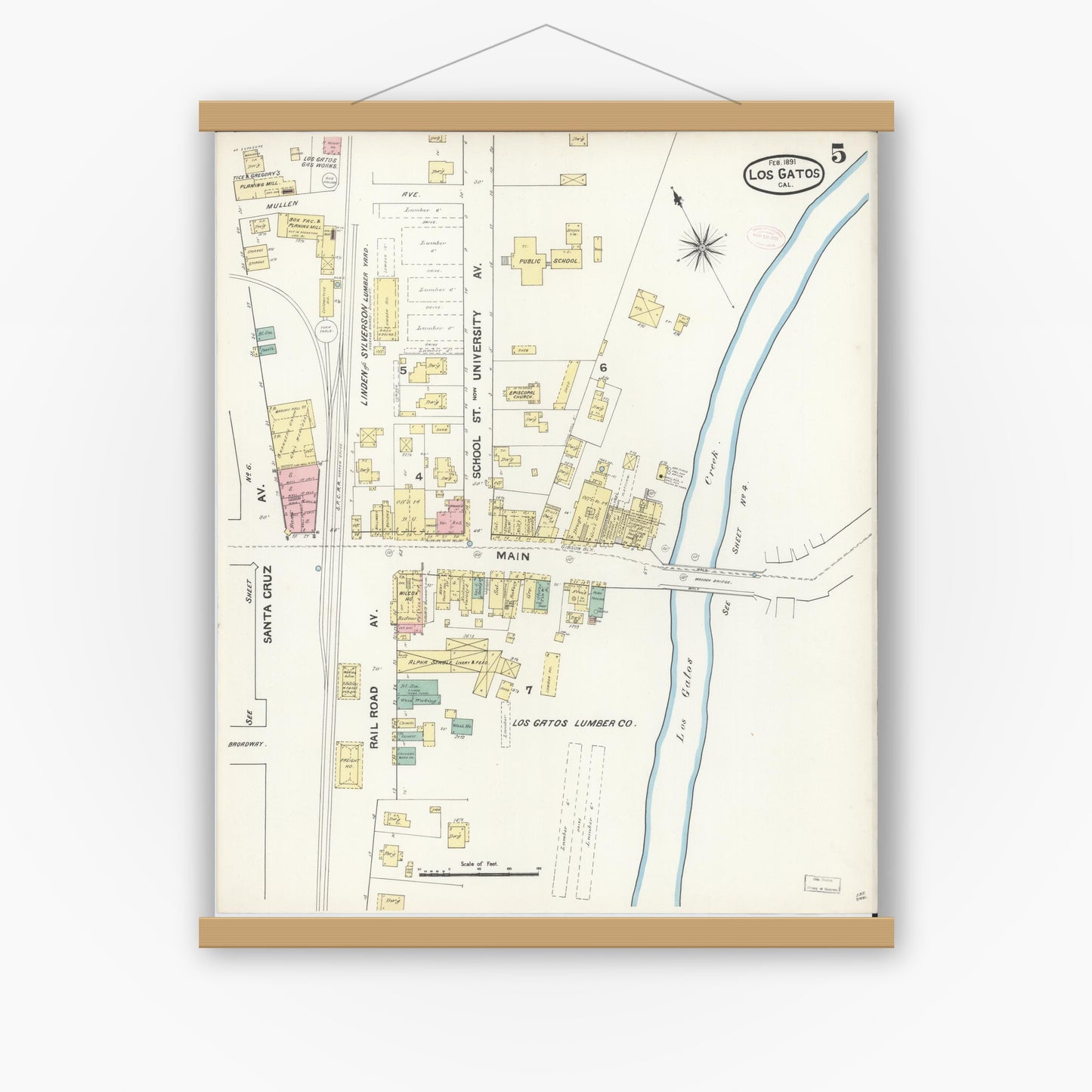 Old map wall art mockup — magnetic wood frame on white wall — Sanborn Fire Insurance Map from Los Gatos, Santa Clara County, California (1891), Sheet #0005