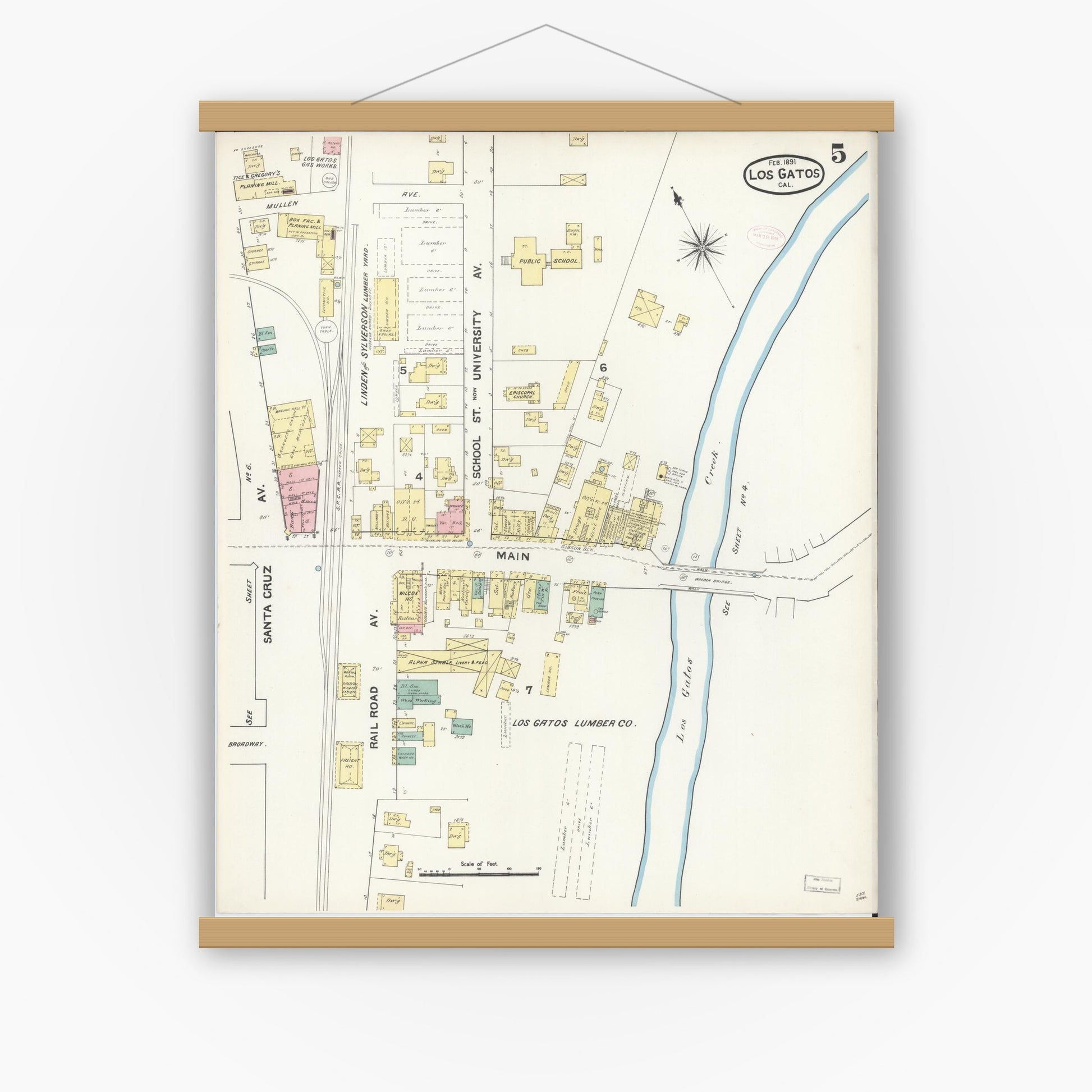 Old map wall art mockup — magnetic wood frame on white wall — Sanborn Fire Insurance Map from Los Gatos, Santa Clara County, California (1891), Sheet #0005